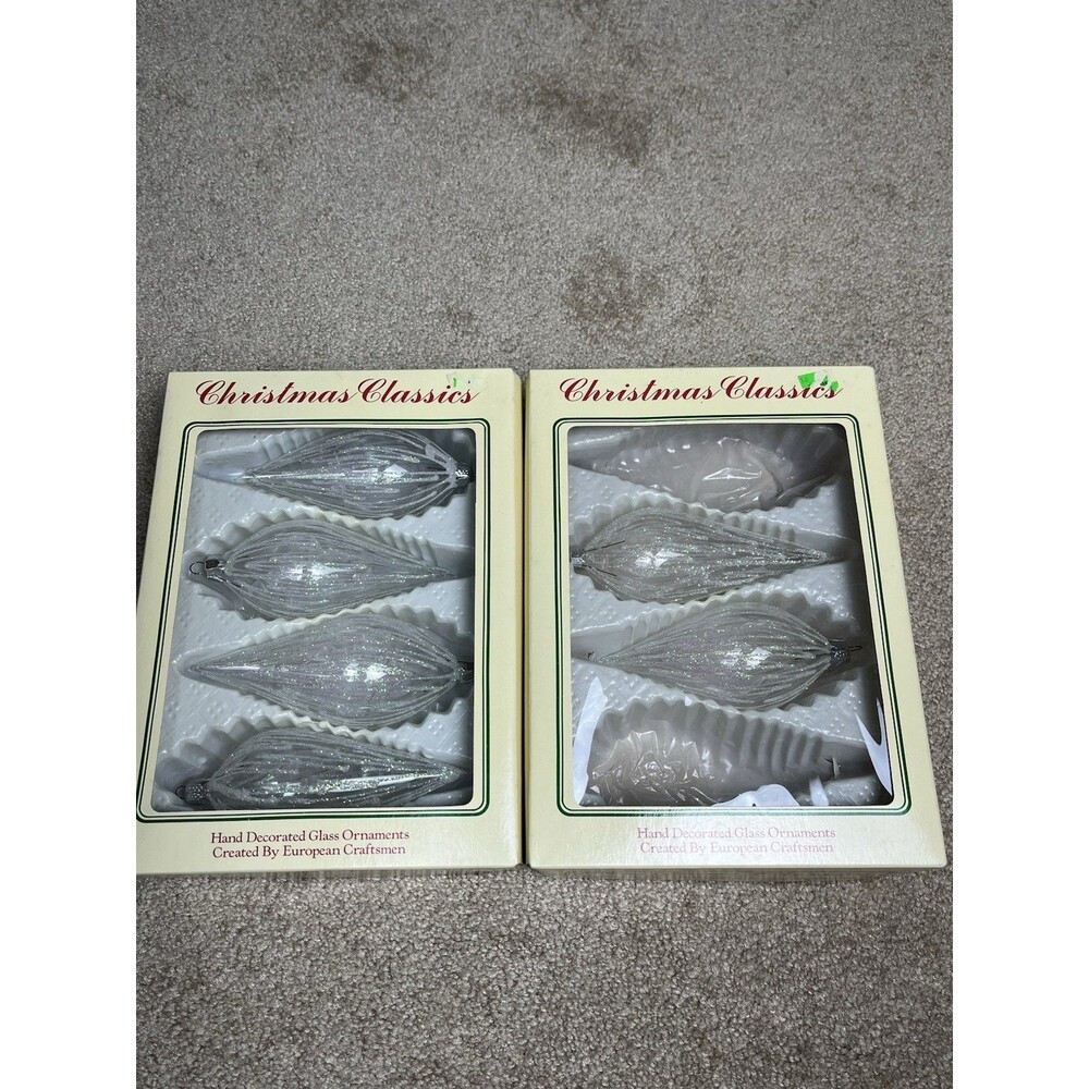 6 Vtg Commodore Christmas Classics Clear Glass Teardrop Ornaments 5” Glitter Box
